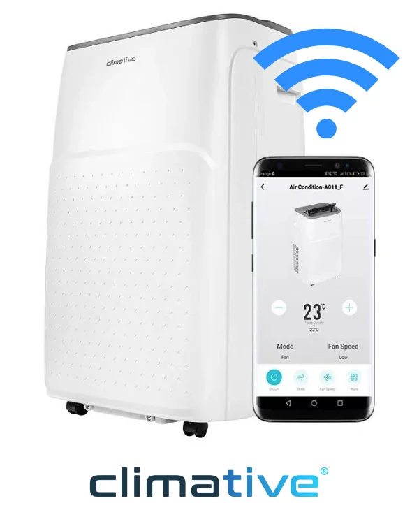 Portable Climative Air Conditioner Next to a Smartphone